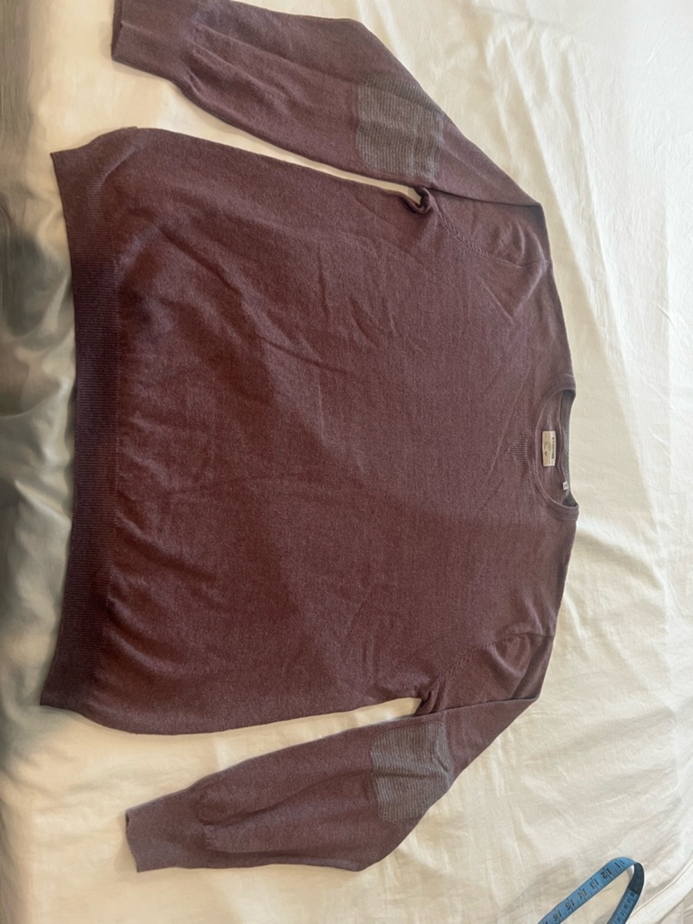Linksoul Men's Crewneck Sweater in Burgundy with Gray Elbow Patches